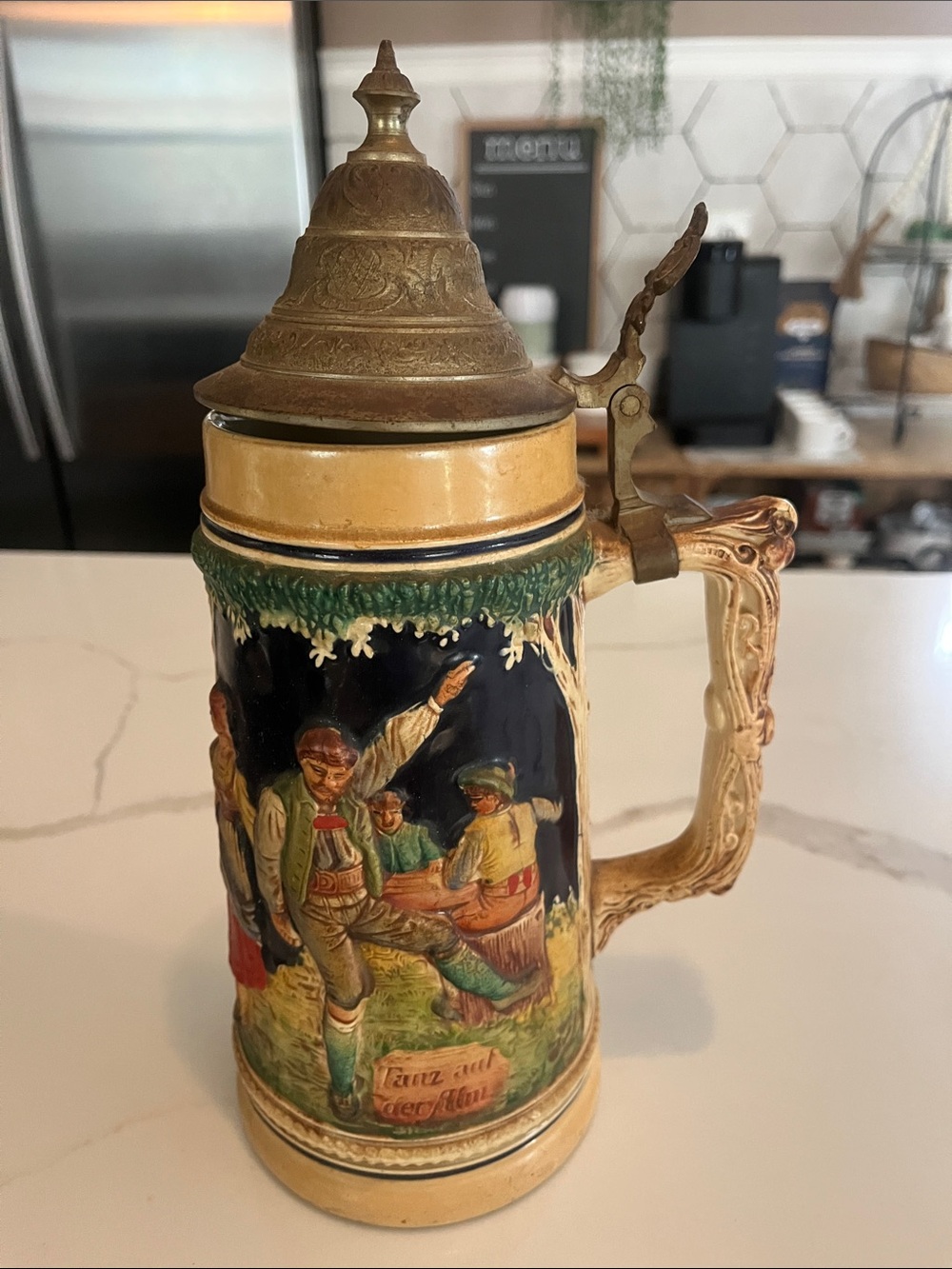 Vintage 1960 AUTHENTIC GERMAN Beer Stein Pewter Lid 'Tanz auf der Alm, 1807